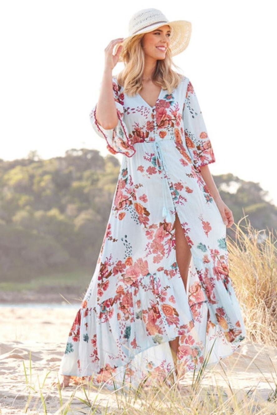 Lula Soul Monet Dress – Aqua Floral, Size XS, Button Front & Ruffle Hem *flaw